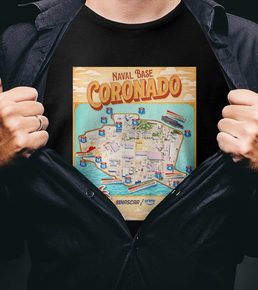 Naval Base Coronado Map NASCAR Prime Ellyson Start Finish Line Broadcast Booth T-Shirt