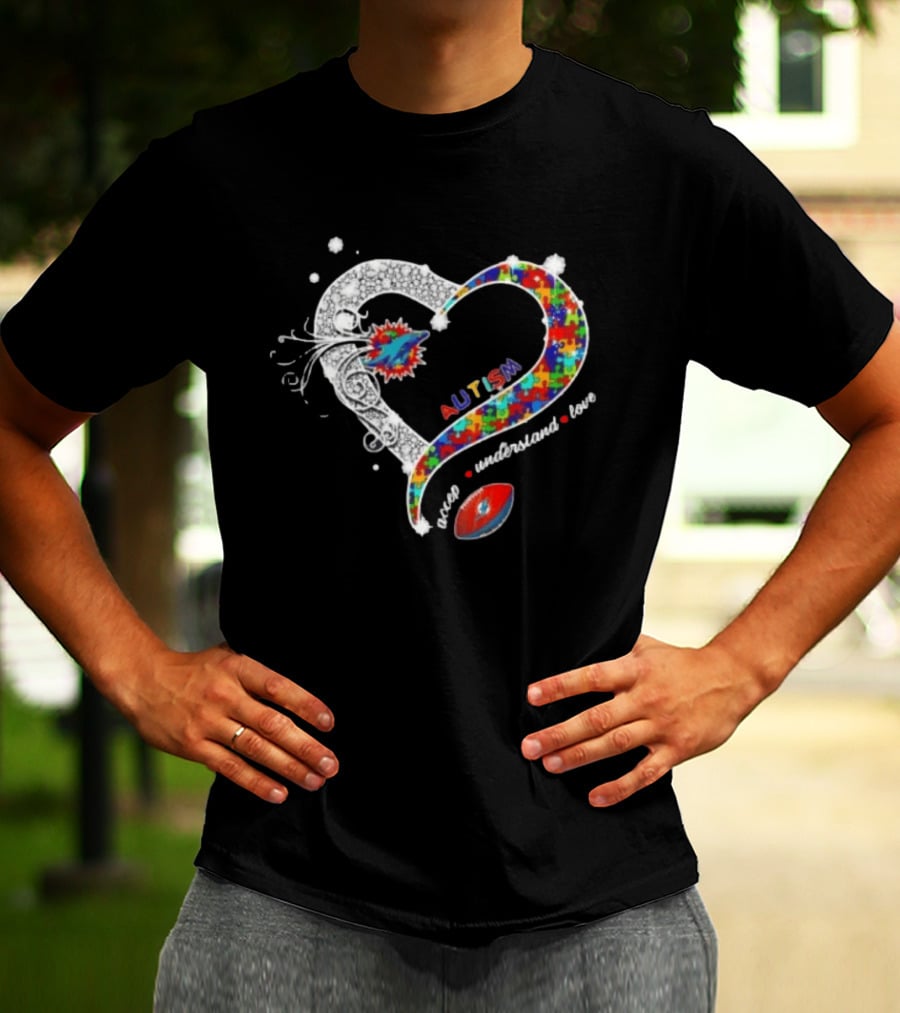 Miami Dolphins Autism Accept Understand Love Heart Diamond Puzzle T-Shirt