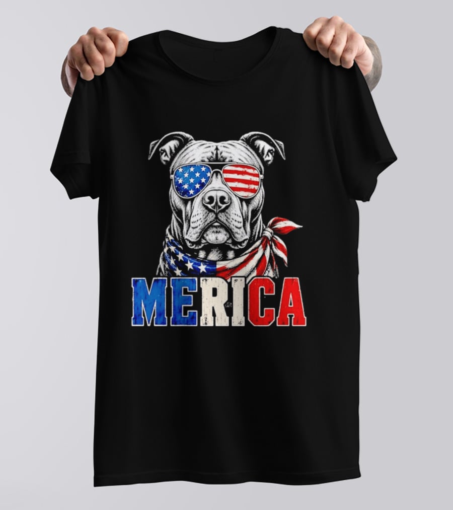 Patriotic Pit Bull Merica Dog With American Flag Sunglasses And Bandana T-Shirt
