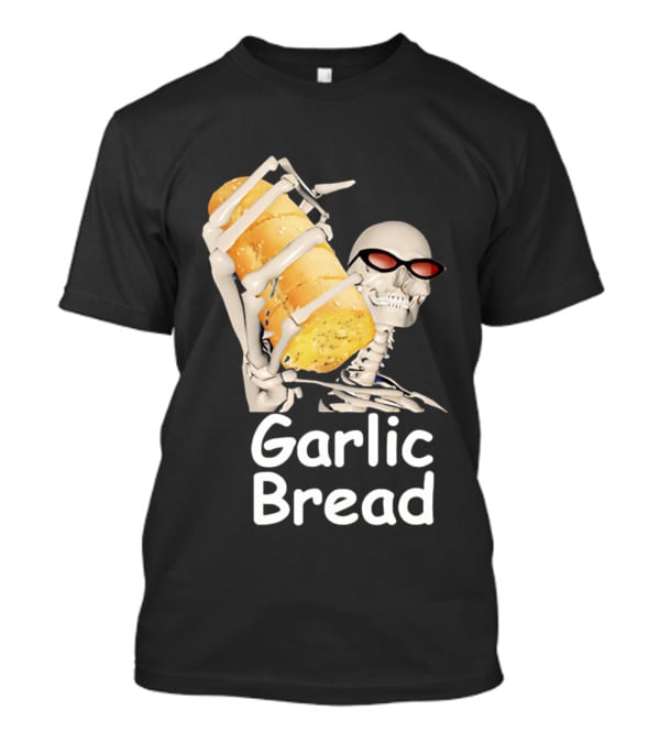 Skeleton Holding Baguette Garlic Bread Wearing Sunglasses T-Shirt