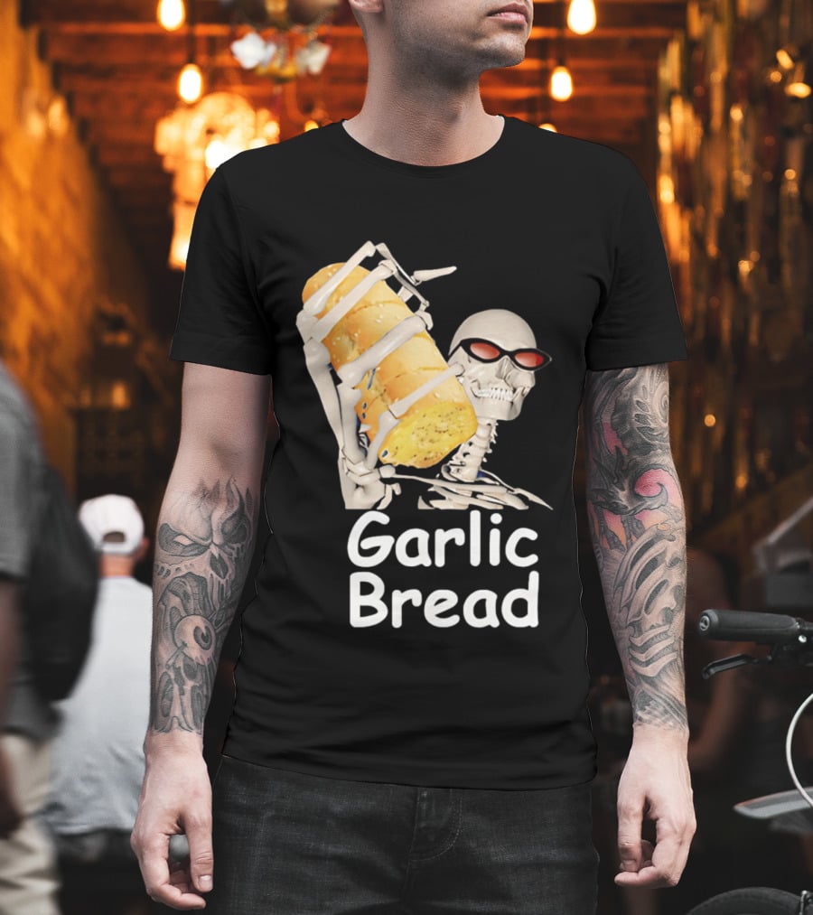 Skeleton Holding Baguette Garlic Bread Wearing Sunglasses T-Shirt