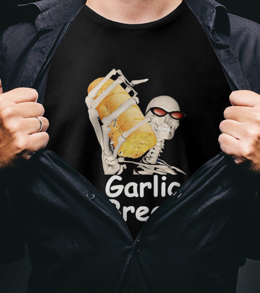 Skeleton Holding Baguette Garlic Bread Wearing Sunglasses T-Shirt