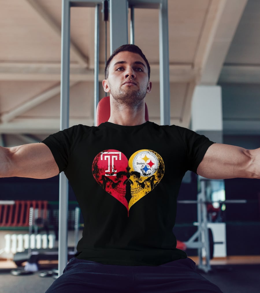 Temple Owls Pittsburgh Steelers Skulls Heart Shape Distressed T-Shirt