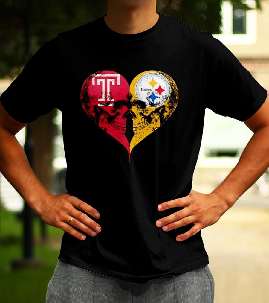 Temple Owls Pittsburgh Steelers Skulls Heart Shape Distressed T-Shirt