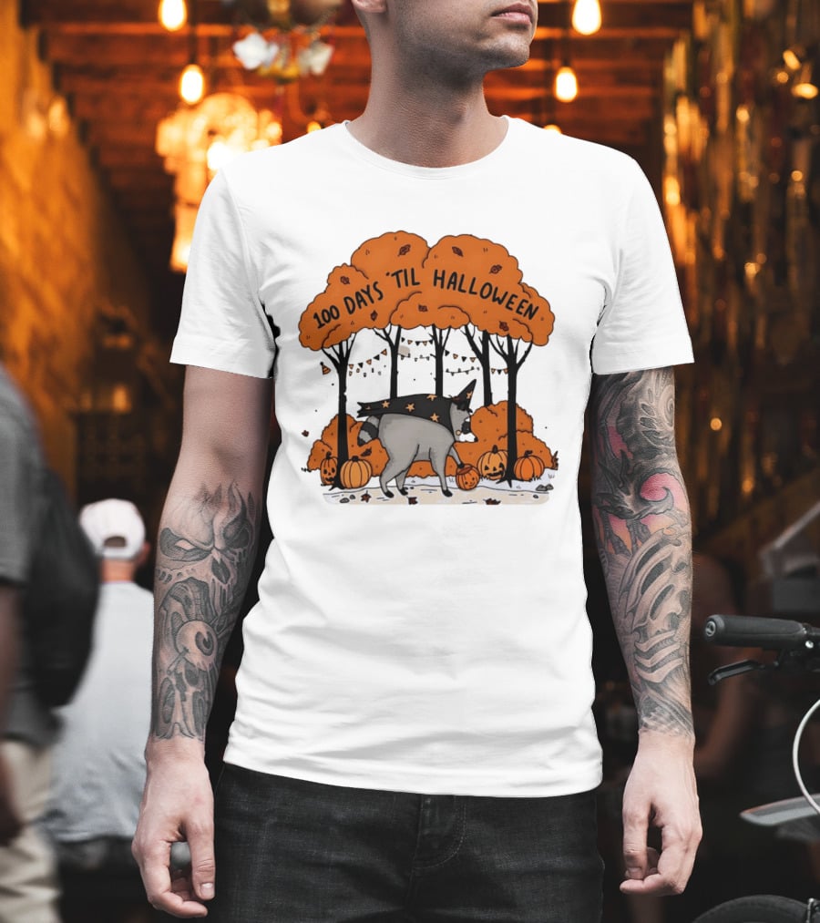 100 Days 'til Halloween Raccoon Wizard Costume In Pumpkin Patch Forest T-Shirt
