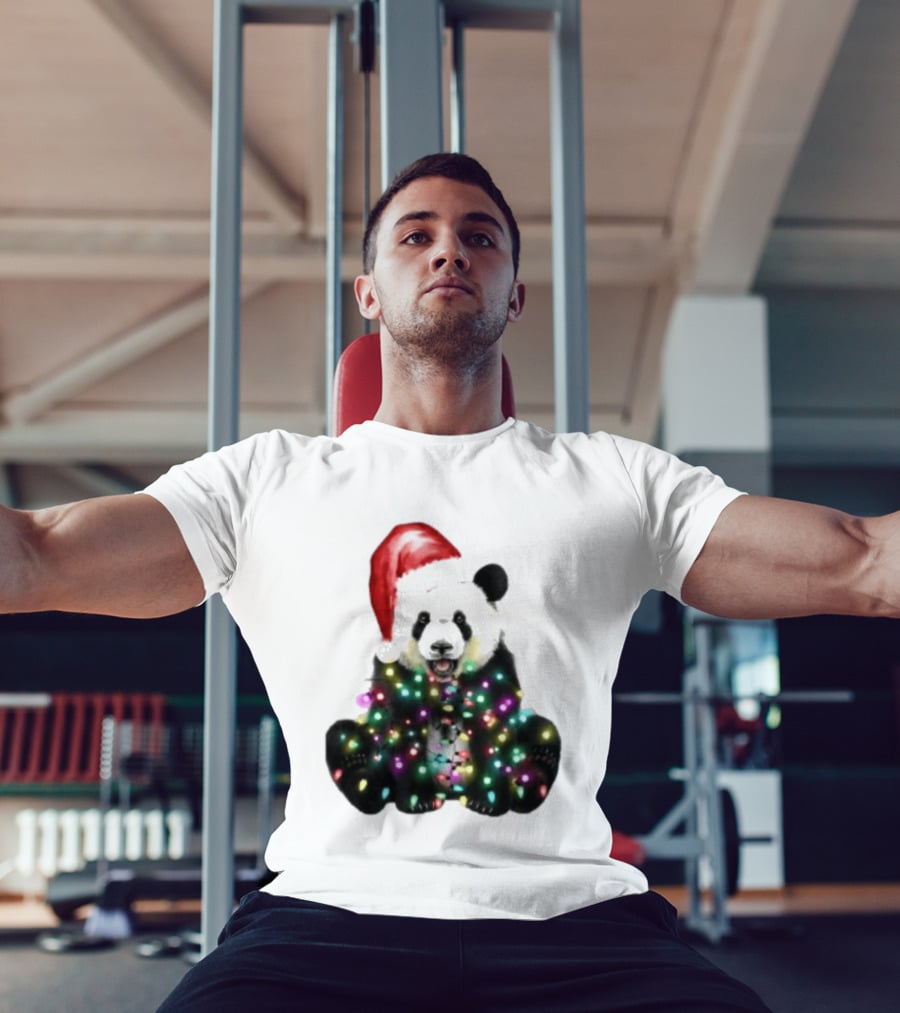 Panda With Christmas Lights And Santa Hat Holiday Animals T-Shirt