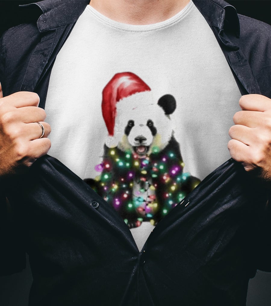 Panda With Christmas Lights And Santa Hat Holiday Animals T-Shirt