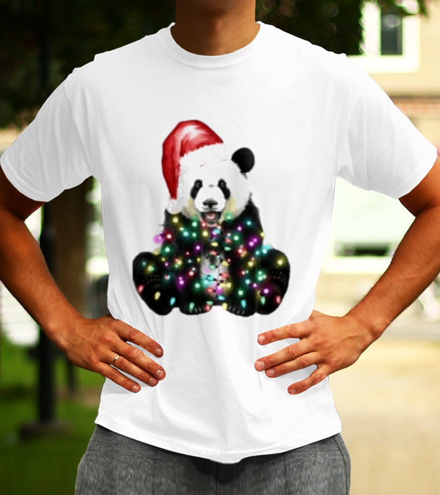 Panda With Christmas Lights And Santa Hat Holiday Animals T-Shirt