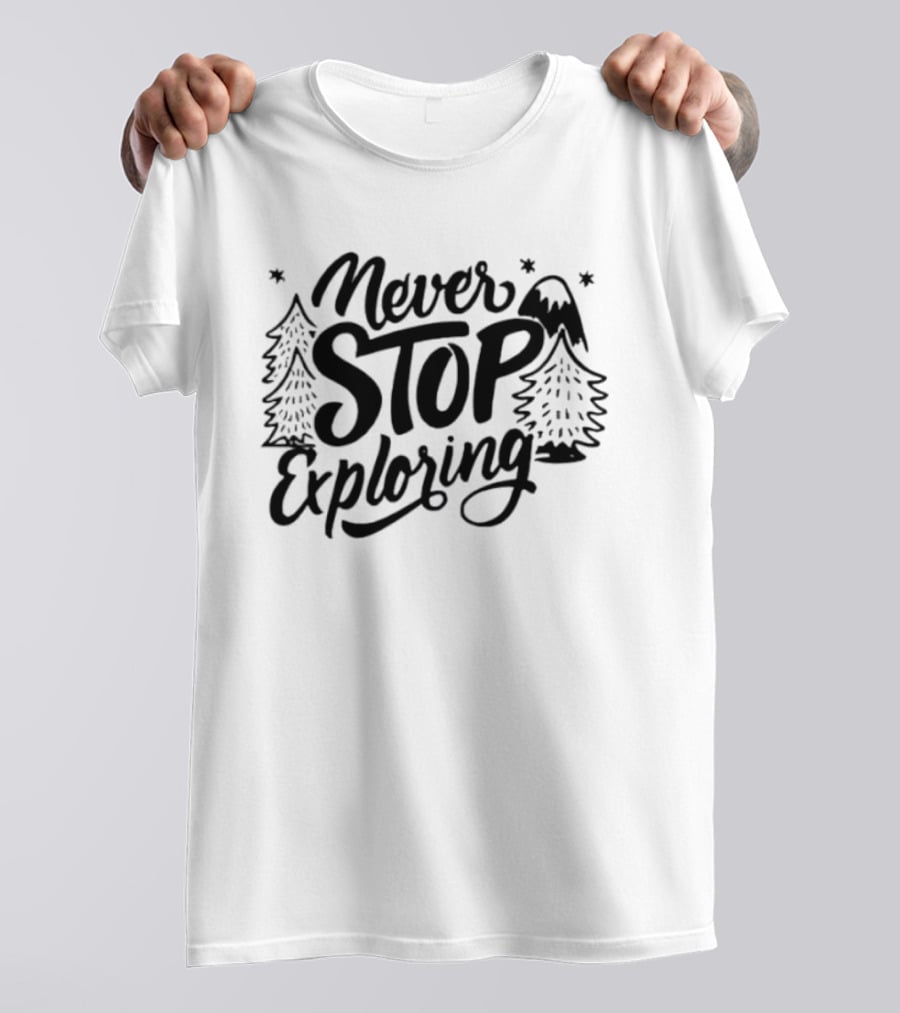 Never Stop Exploring Pine Trees Snowy Mountain Peak Stars T-Shirt