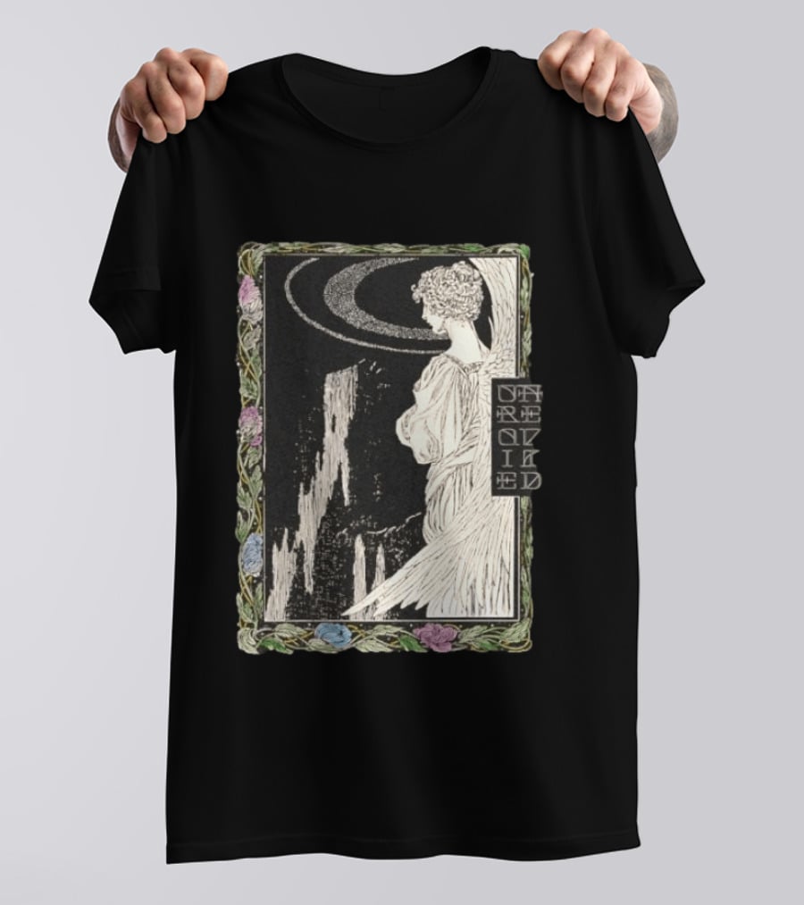 Angel Nouveau Unraveled Floral Frame Illustrative Art Winged Celestial Figure T-Shirt