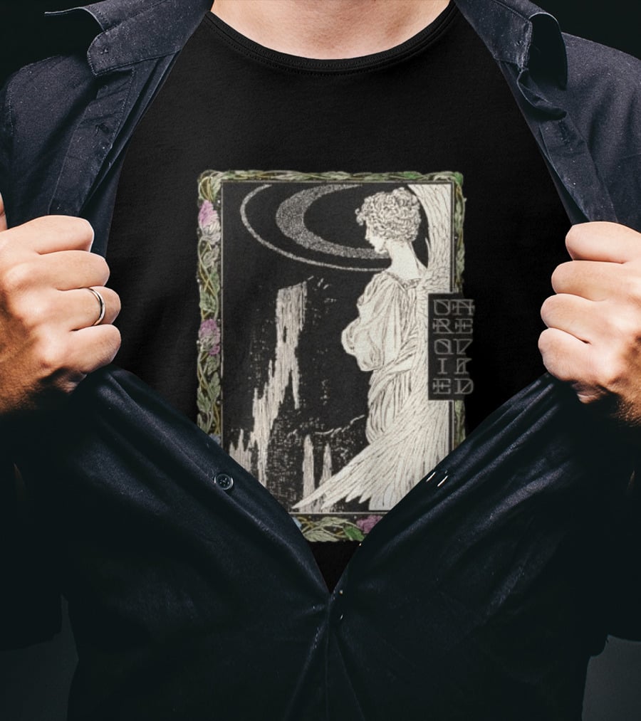 Angel Nouveau Unraveled Floral Frame Illustrative Art Winged Celestial Figure T-Shirt