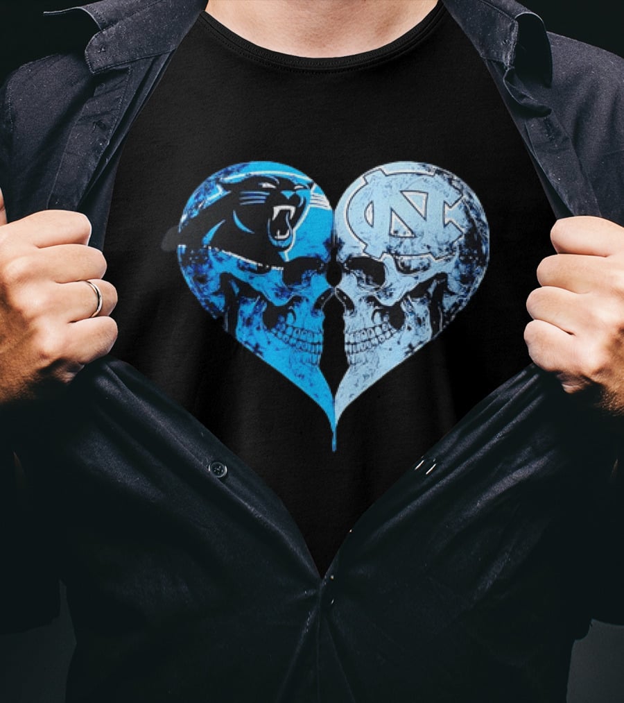 Carolina Panthers North Carolina Tar Heels Skulls Face To Face Heart Shape T-Shirt
