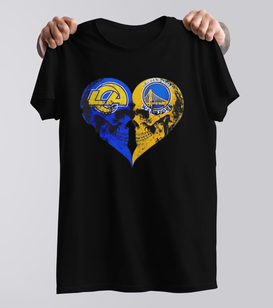 Los Angeles Rams Golden State Warriors Heart Shaped Skulls Distressed T-Shirt