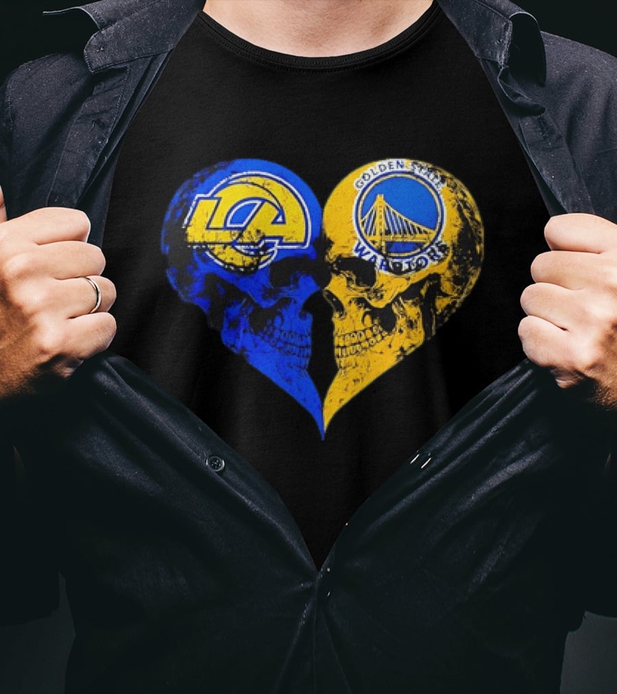 Los Angeles Rams Golden State Warriors Heart Shaped Skulls Distressed T-Shirt