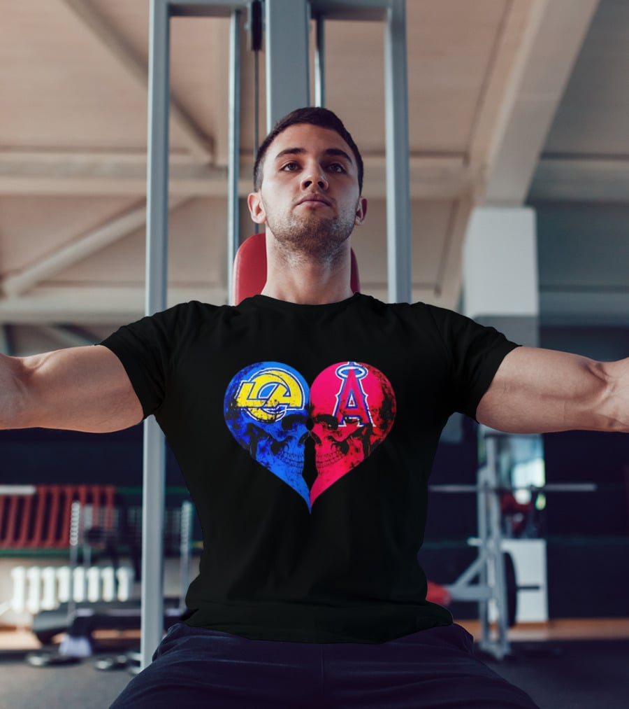 Los Angeles Rams Vs Los Angeles Angels Skulls Heart Face To Face Distressed T-Shirt