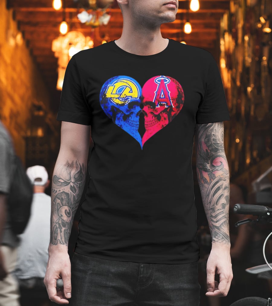 Los Angeles Rams Vs Los Angeles Angels Skulls Heart Face To Face Distressed T-Shirt