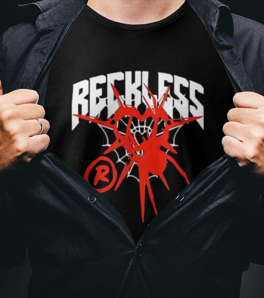 Reckless Web Heart With Spiky Red Symbol And R T-Shirt