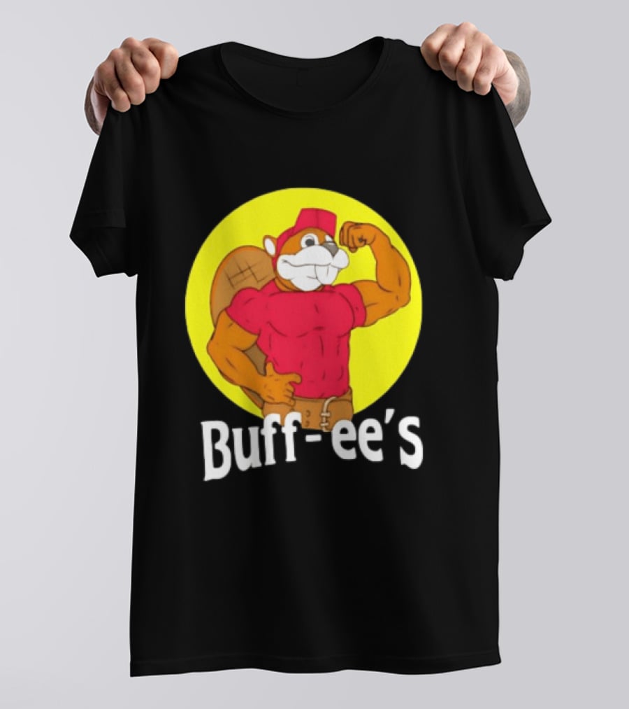 Buff Ee's Strong Muscular Beaver Character In Red Outfit T-Shirt