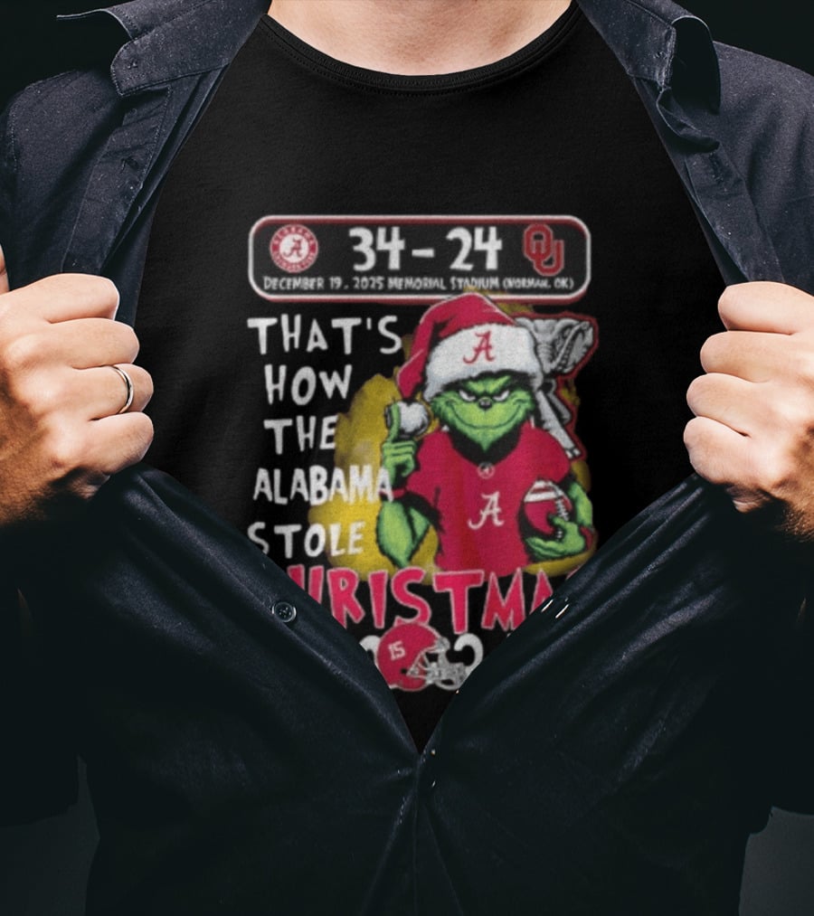 Grinch Santa Alabama Crimson Tide 34 24 Oklahoma Sooners That's How The Alabama Stole Christmas 2025 T-Shirt