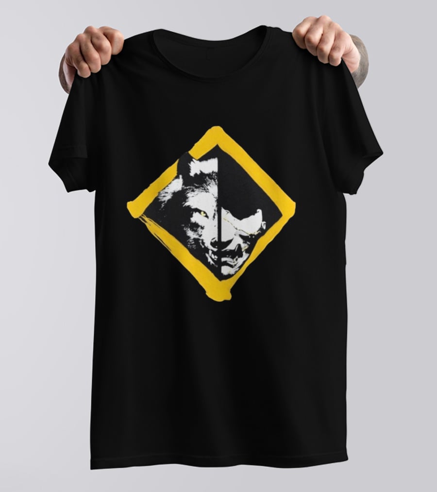 Wolf And Boar Split Face Diamond Yellow Border T-Shirt