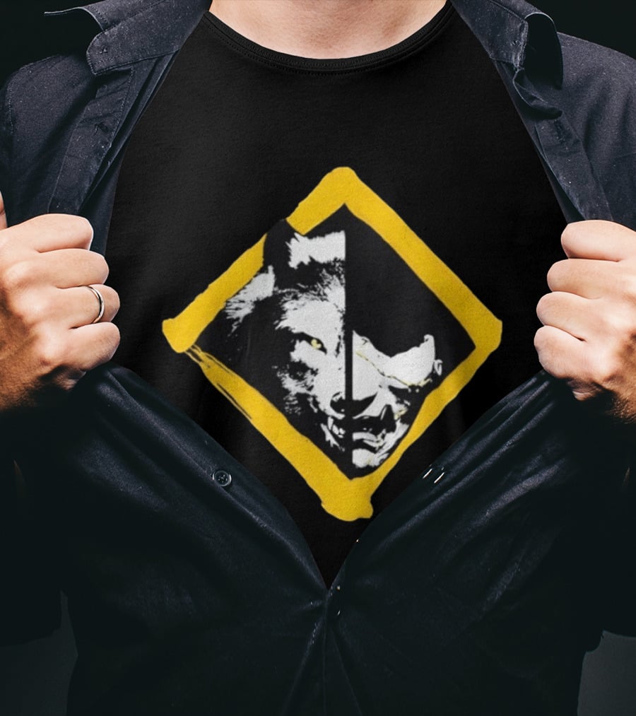 Wolf And Boar Split Face Diamond Yellow Border T-Shirt