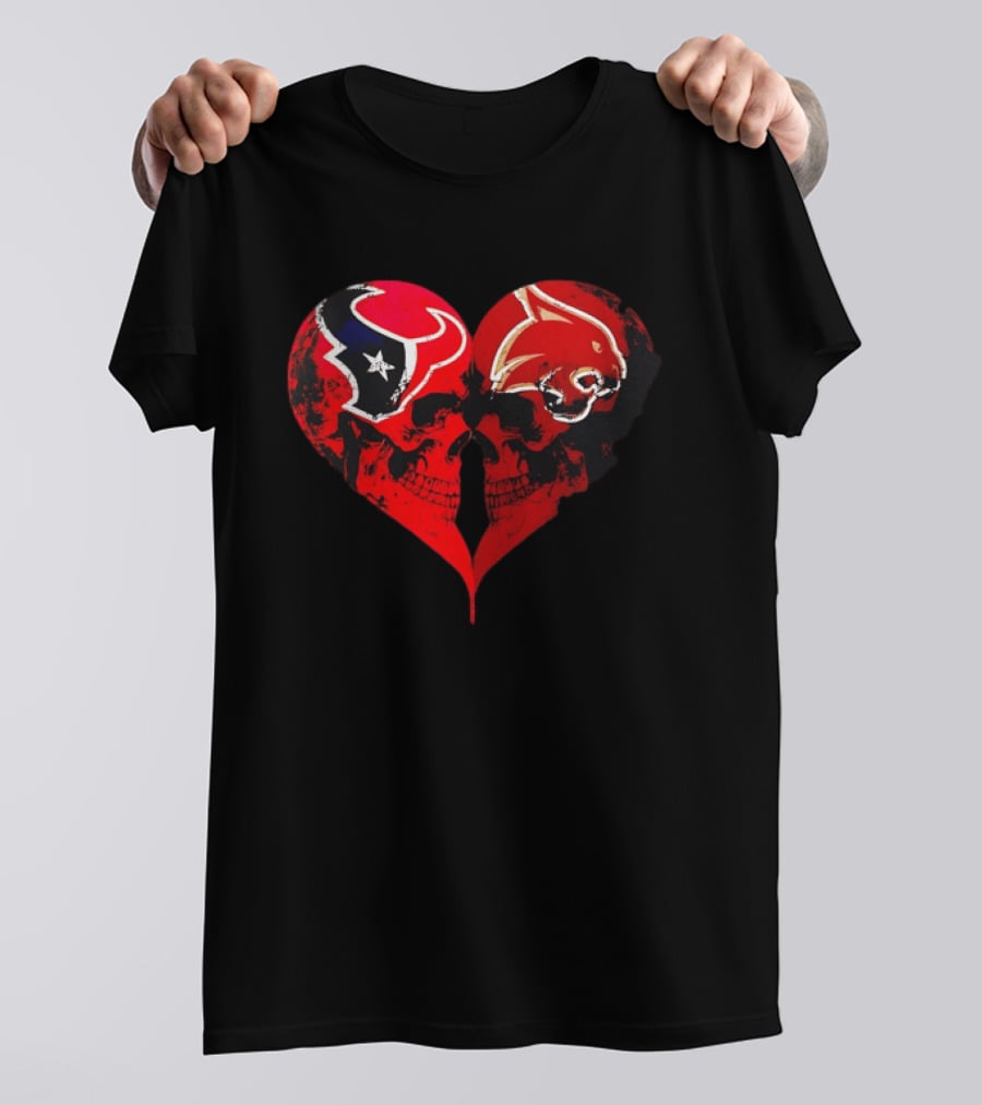 Houston Texans And Tampa Bay Buccaneers Skulls Heart Shape Distressed T-Shirt