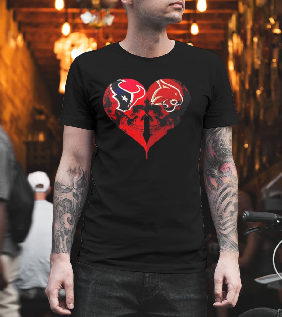 Houston Texans And Tampa Bay Buccaneers Skulls Heart Shape Distressed T-Shirt