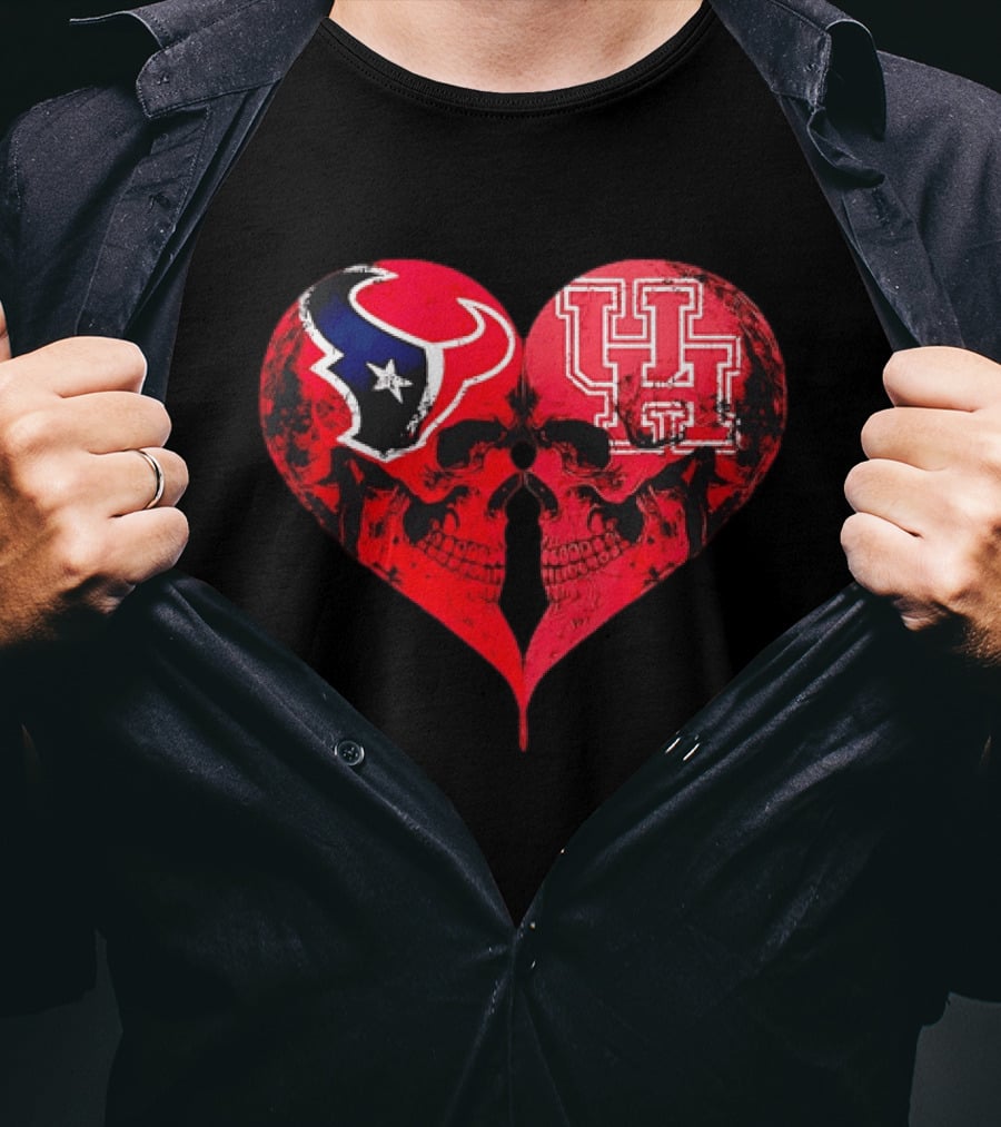 Houston Texans University Of Houston Cougars Heart Shaped Skulls Football Fans T-Shirt