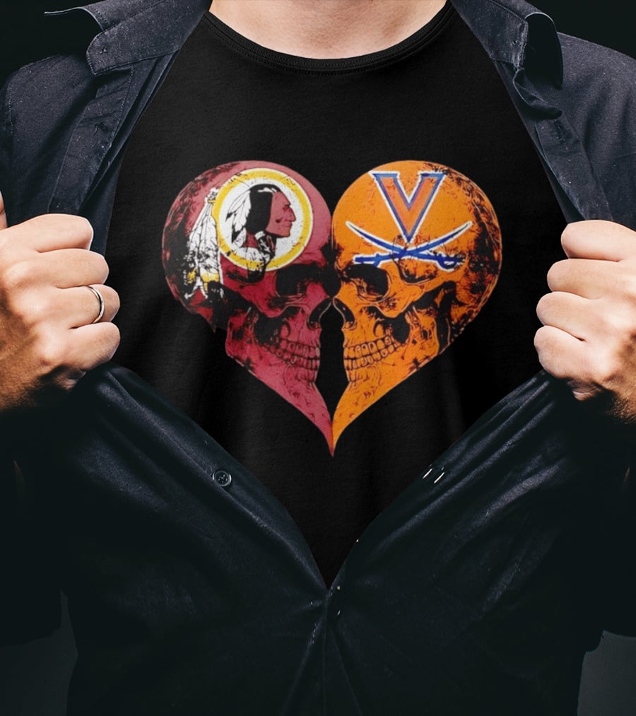 Washington Redskins Virginia Cavaliers Skulls Face To Face Heart Shape Distressed T-Shirt
