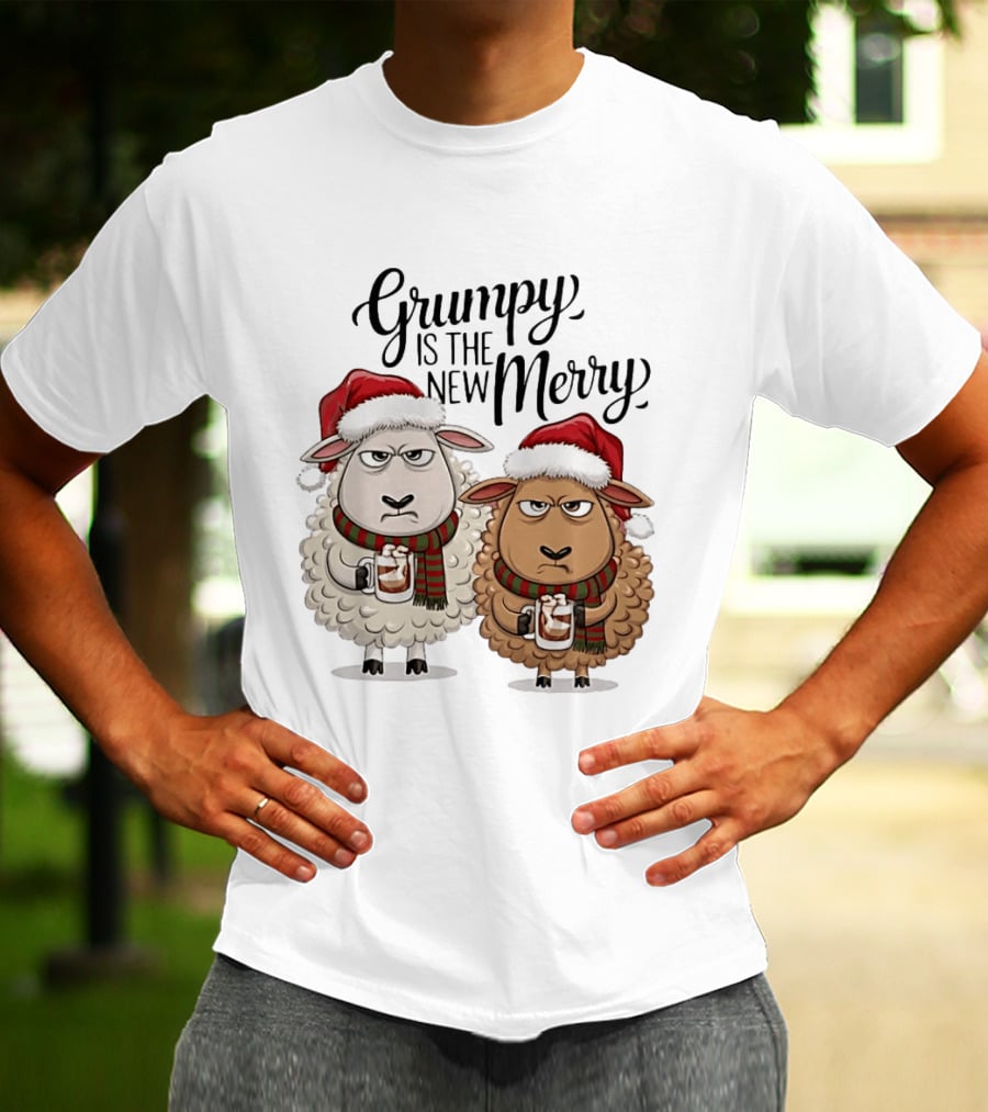 Grumpy Is The New Merry Christmas Sheep Santa Hat Holiday Humor T-Shirt