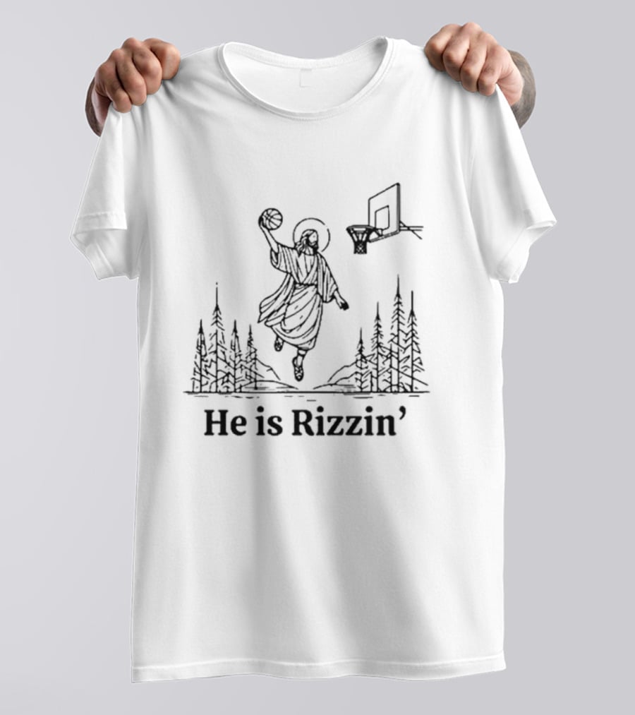 He Is Rizzin Basketball Angel Easter Forest Scene T-Shirt