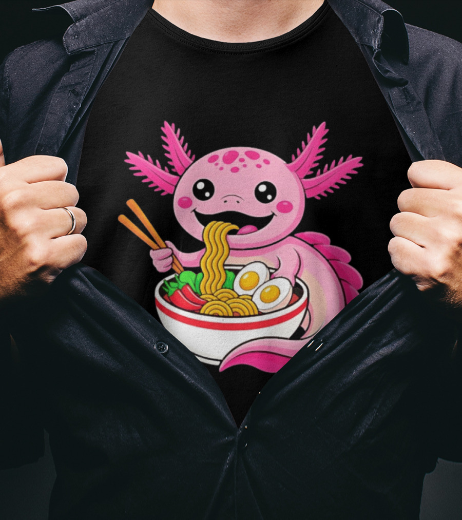Axolotl Eating Ramen Kawaii Style With Chopsticks And Eggs T-Shirt