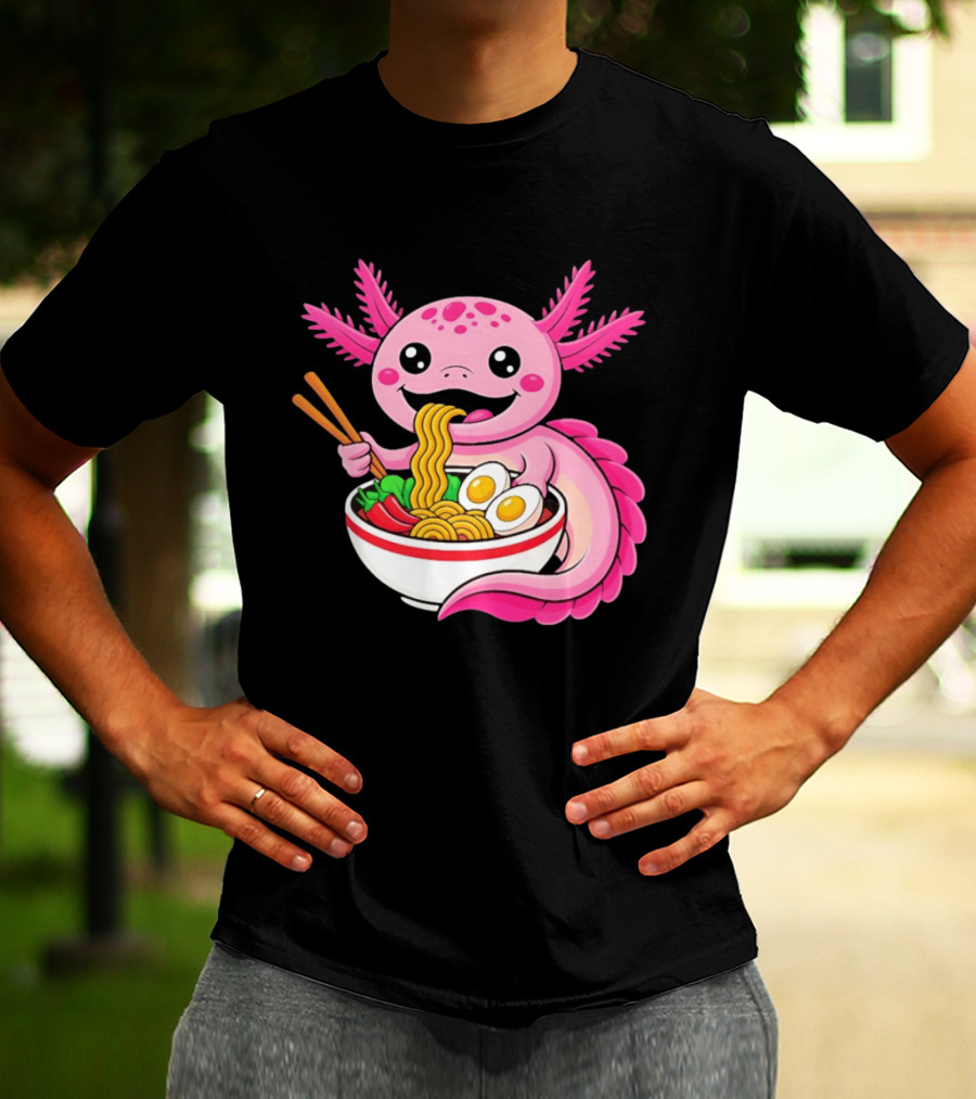Axolotl Eating Ramen Kawaii Style With Chopsticks And Eggs T-Shirt