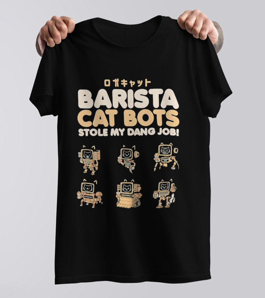 Barista Cat Bots Stole My Dang Job Retro Robot Cats Japanese T-Shirt