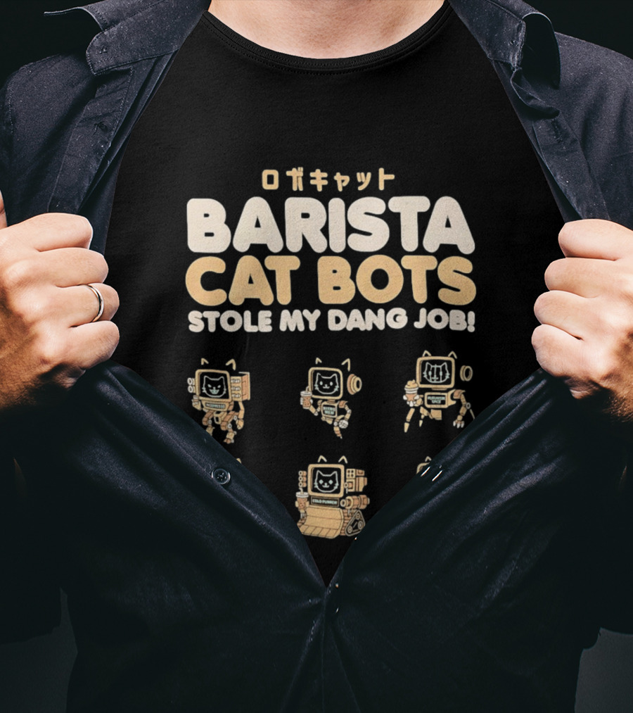 Barista Cat Bots Stole My Dang Job Retro Robot Cats Japanese T-Shirt