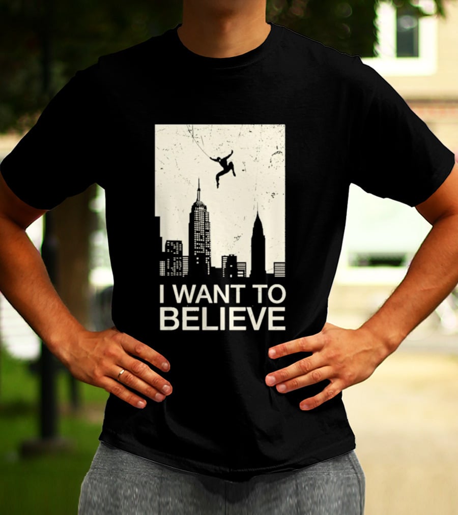 Friking I Want To Believe Swinging Hero Cityscape T-Shirt