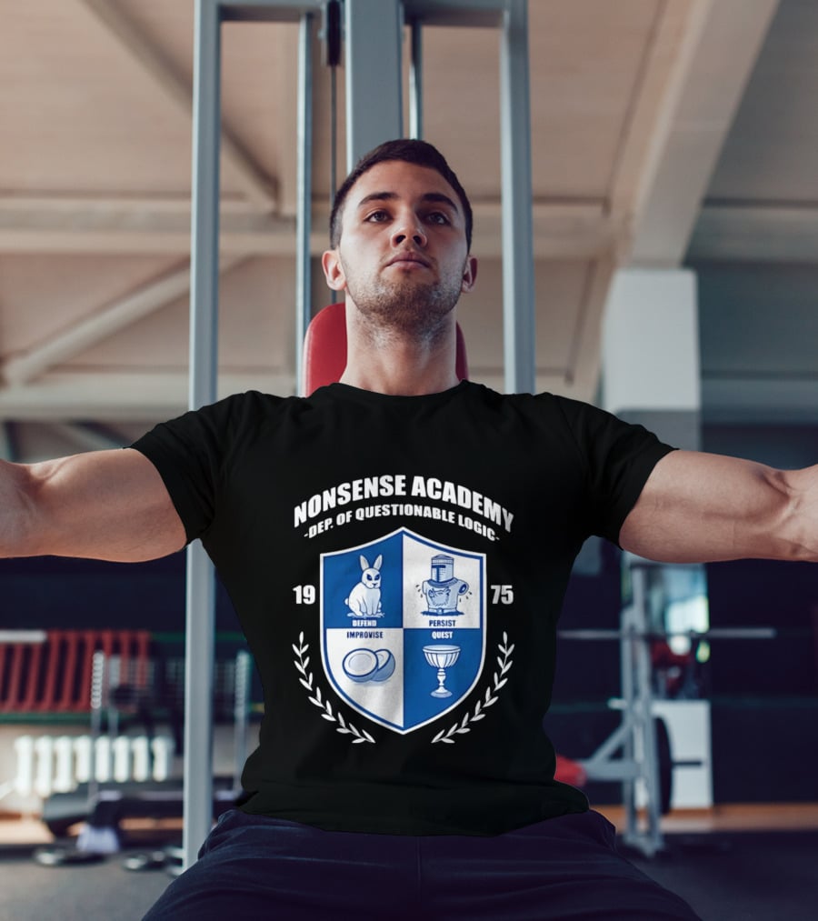 Nonsense Academy 1975 Crest Dept Of Questionable Logic Defend Improvise Persist Quest T-Shirt