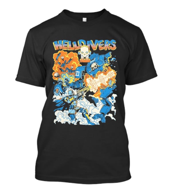 Helldivers Comic Style Explosive Battle Scene Skulls Robots Flames T-Shirt