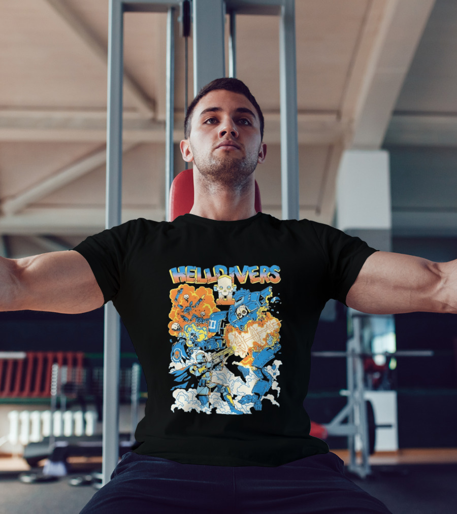 Helldivers Comic Style Explosive Battle Scene Skulls Robots Flames T-Shirt