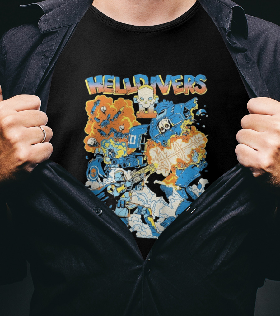 Helldivers Comic Style Explosive Battle Scene Skulls Robots Flames T-Shirt