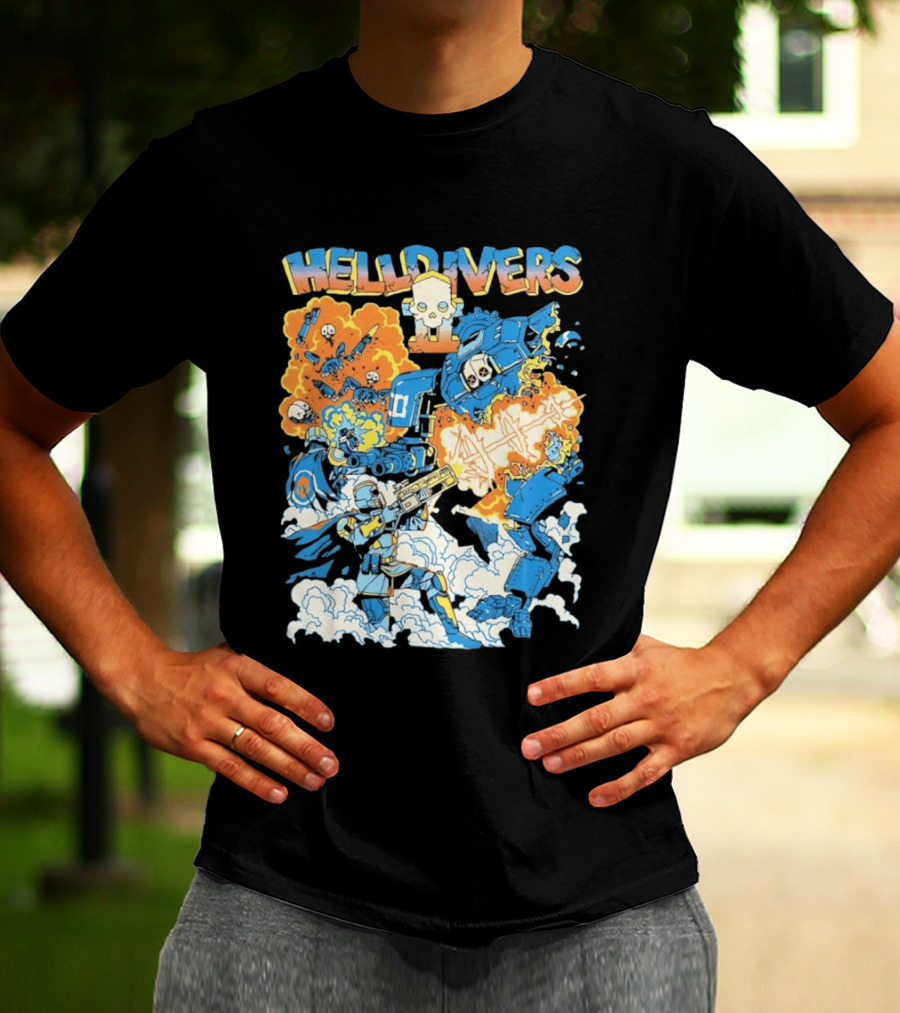 Helldivers Comic Style Explosive Battle Scene Skulls Robots Flames T-Shirt