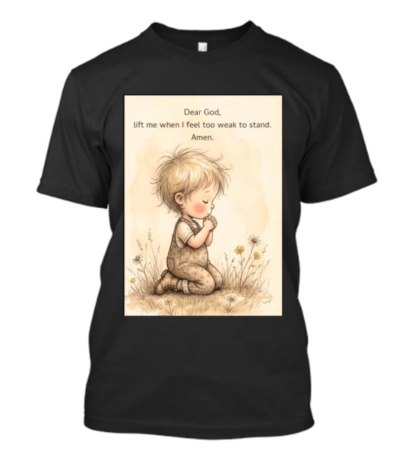 Dear God Lift Me When I Feel Too Weak To Stand Amen Kneeling Child Prayer Floral Field T-Shirt