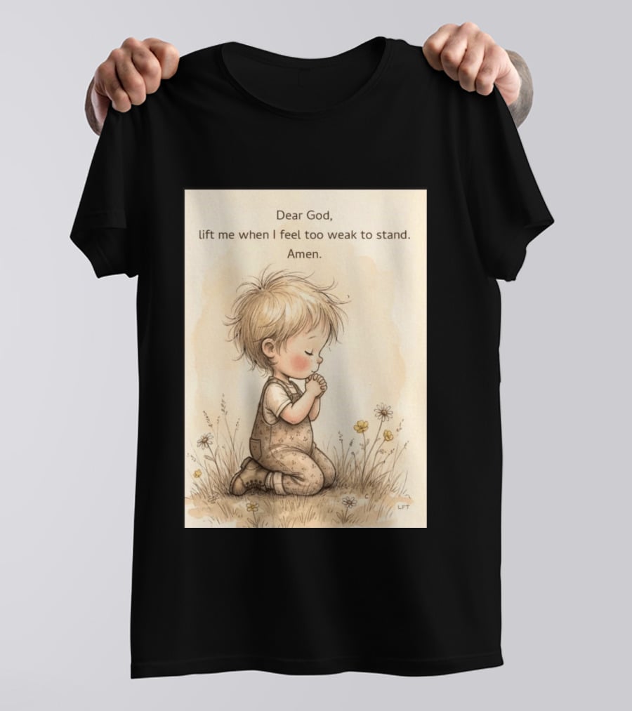 Dear God Lift Me When I Feel Too Weak To Stand Amen Kneeling Child Prayer Floral Field T-Shirt