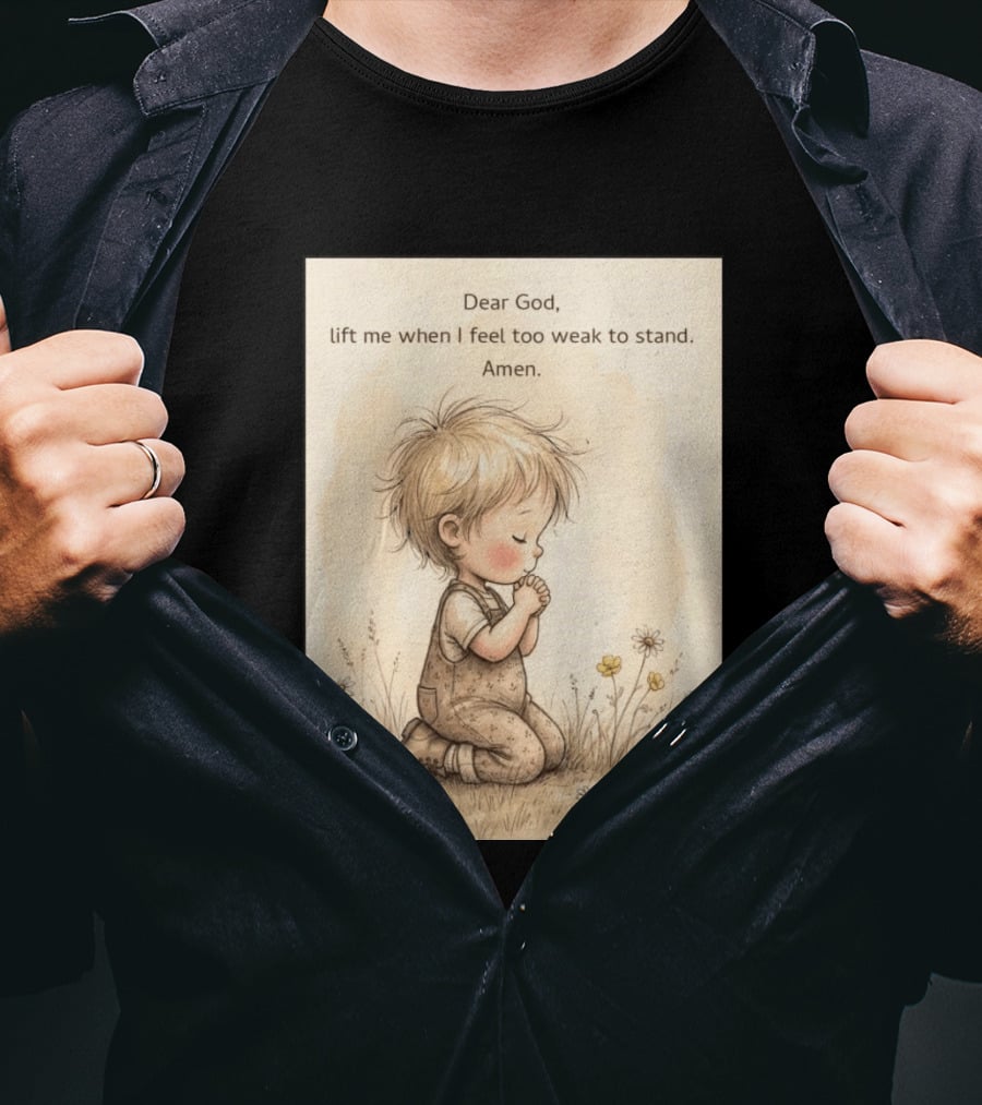 Dear God Lift Me When I Feel Too Weak To Stand Amen Kneeling Child Prayer Floral Field T-Shirt