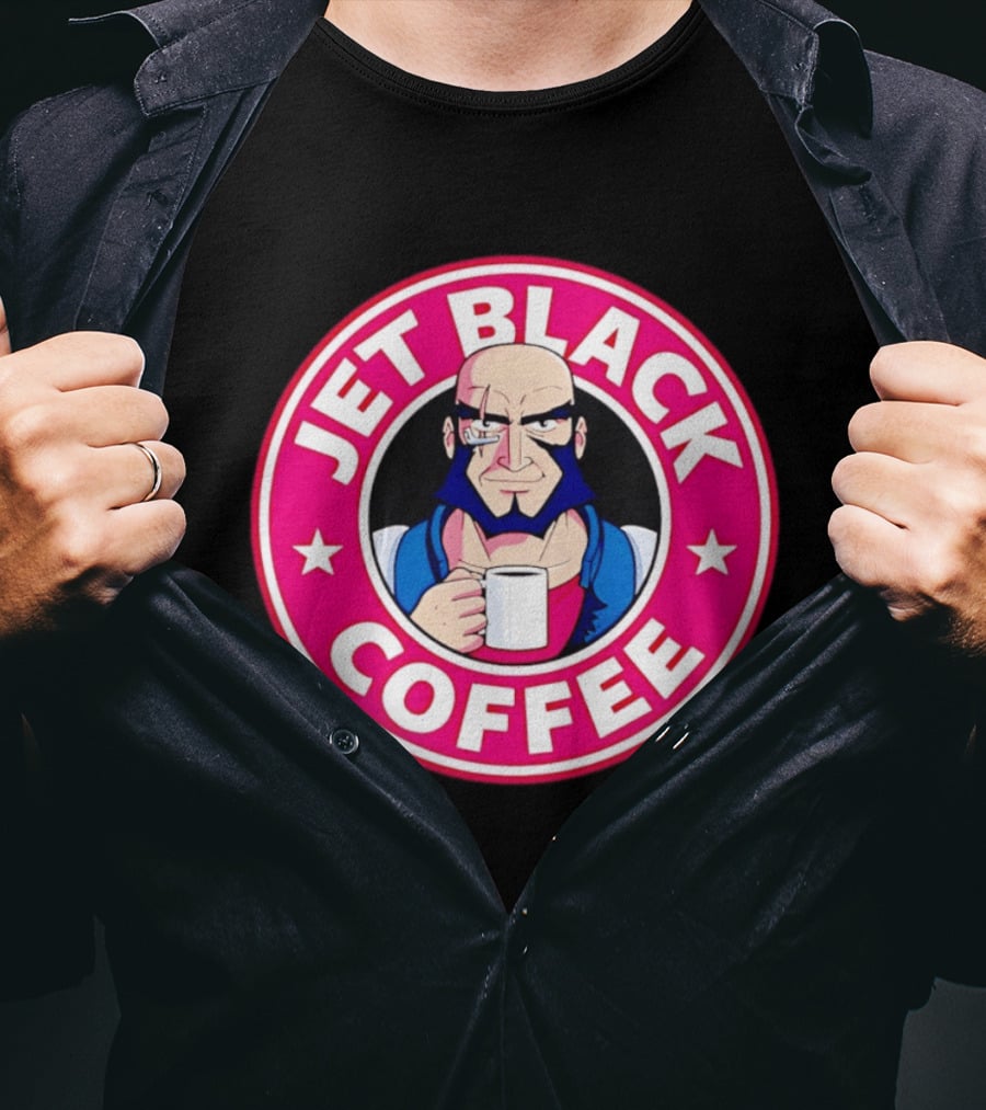 Jet Black Coffee Stern Man Holding T-Shirt