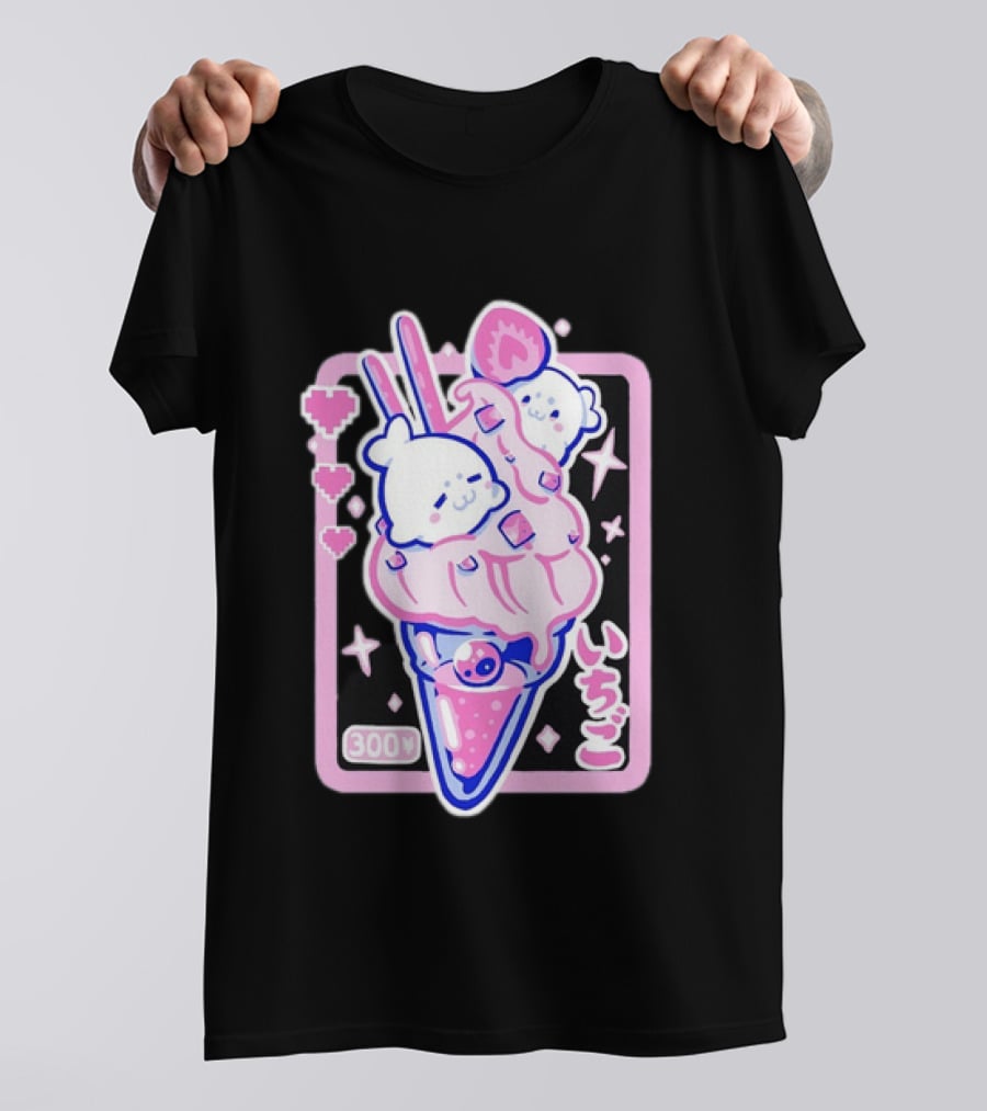 Kawaii Strawberry Ice Cream With Seals And 300 Yen Cute Hearts T-Shirt