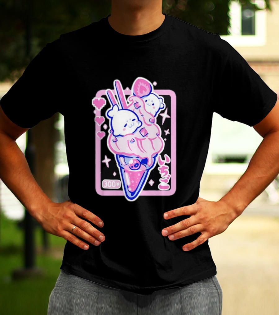Kawaii Strawberry Ice Cream With Seals And 300 Yen Cute Hearts T-Shirt