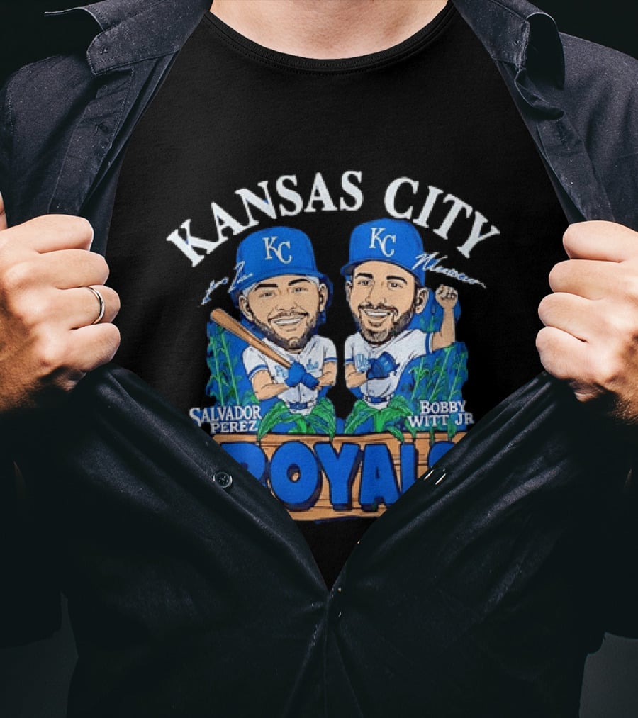 Kansas City Royals Salvador Perez Bobby Witt Jr Cartoon Baseball T-Shirt
