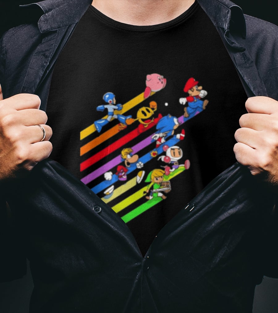 Legends Gaming Mario Pac Man Mega Man Sonic Link Kirby Bomberman Rayman Characters T-Shirt