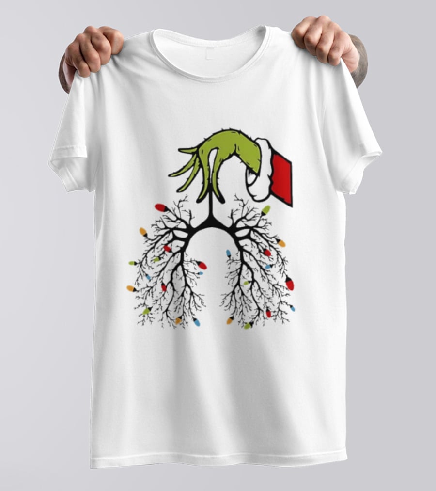Christmas 2025 Nurse Lungs With Lights And Green Hand Santa Sleeve T-Shirt